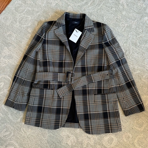 Theory Becket Portland Plaid Belted Virgin Wool Blend Stretch Blazer - Picture 3 of 7